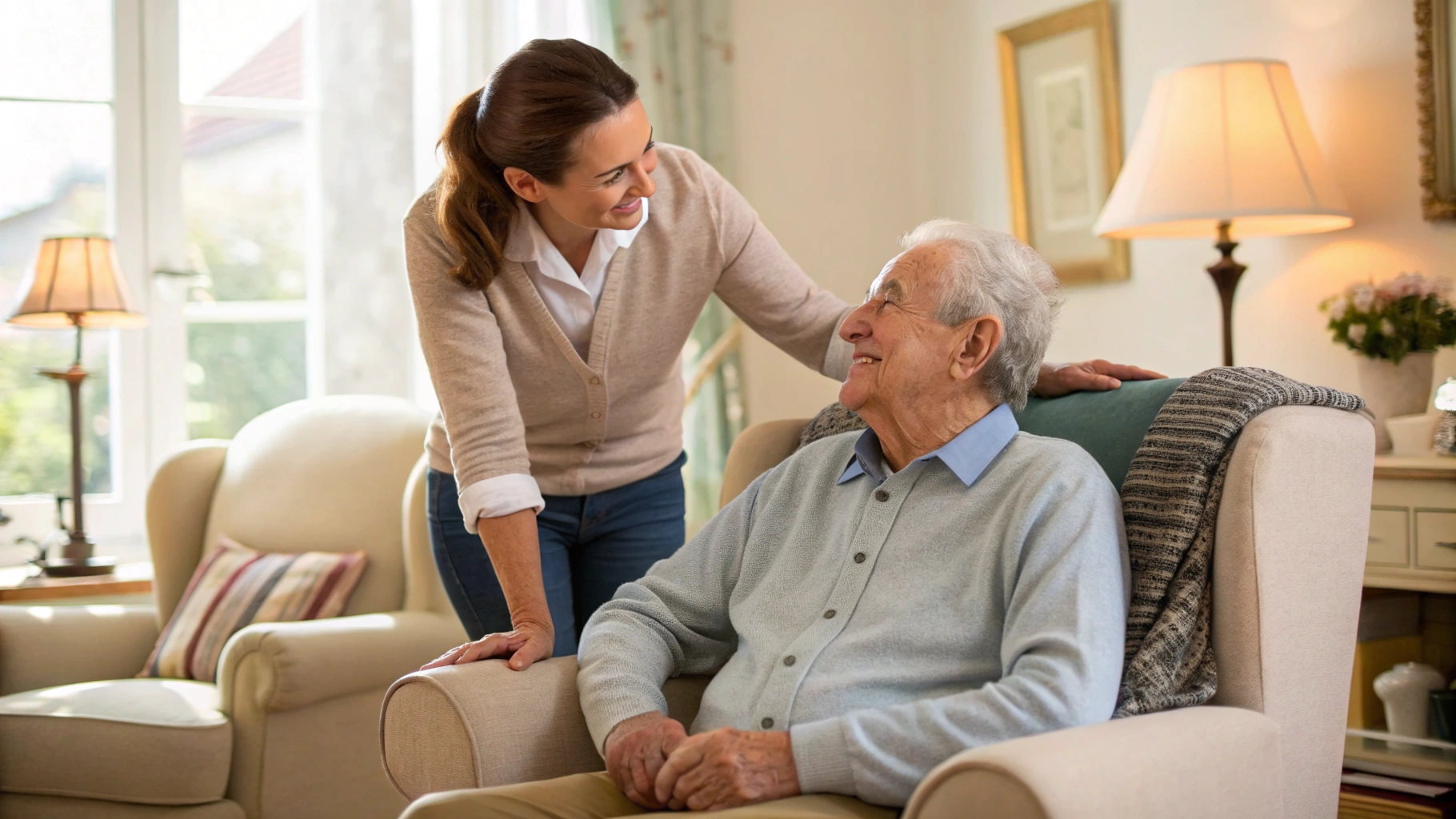 Caregiver assisting senior in a bright home setting